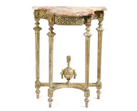 A French giltwood console table in Louis XVI style, the marble top with a moulded edge above a floral guilloche frieze, on lo