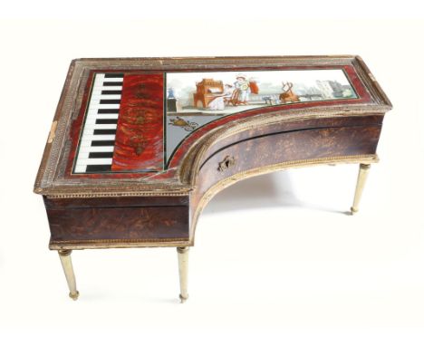 An early 19th century French verre églomisé and stained maple piano etui, with moulded gilt decoration, the hinged lid with a