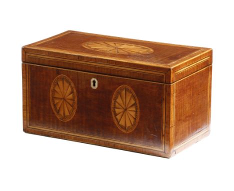 A George III harewood tea caddy, inlaid with oval fan paterae, the interior with a pair of lidded compartments flanking a sug