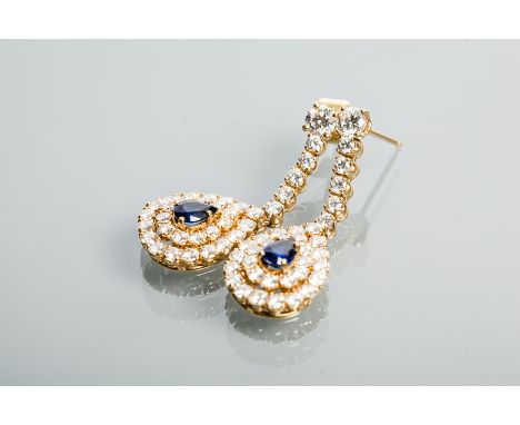 PAIR OF SAPPHIRE AND DIAMOND DROP EARRINGS
of pear shaped form, with an pear cut sapphire surrounded by brilliant cut diamond