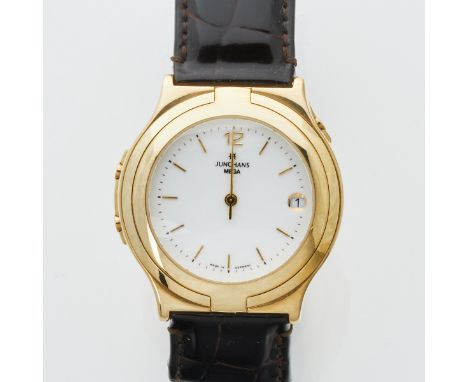 Junghans-HerrenarmbanduhrFa. Junghans, Deutschland. Modell: Mega, Edition Nr. 375. 585/- Gelbgold und Metall, gestemp. Gewich
