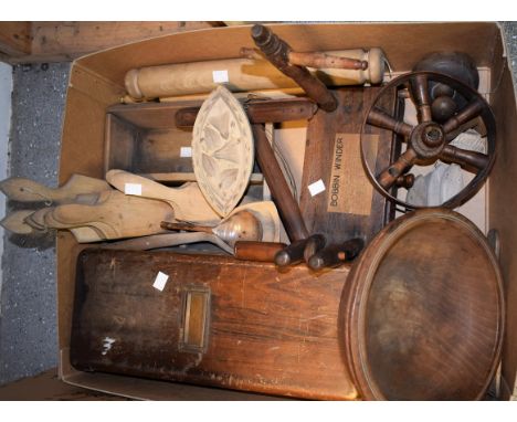 Kitchenalia - Victorian wooden butter stamps; butter pats, rolling pins, trug, crimping wheels, etc; a 19th century bobbin wi