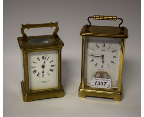 A brass four glass carriage clock, by P MacFarlane and Sons Ltd., Glasgow, white dial, bold Roman numerals, folding handle, s