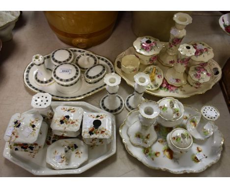 Ceramics - a dressing table set, Delphine Crown China, multi-coloured band on white ground, tray, hatpin stand, candlesticks,