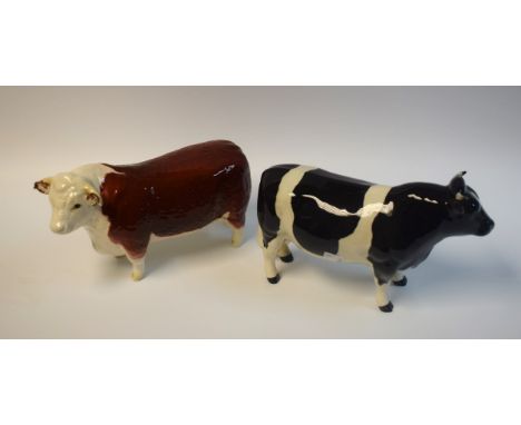 A Beswick ceramic model, Fresian Bull, Champion Coddington Hilt Bar; another, Hereford Bull, Champion of Champions (2)
