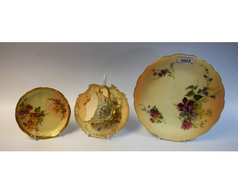 A Royal Worcester blush ivory shaped cup and saucer, decorated with flowers; dish, etc (4)