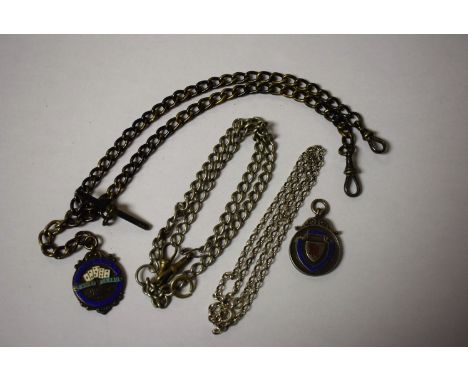 A silver double Albert chain, T bar, enamelled suspension R R Claude Johnson cup silver medal;  another cribbage league;  oth