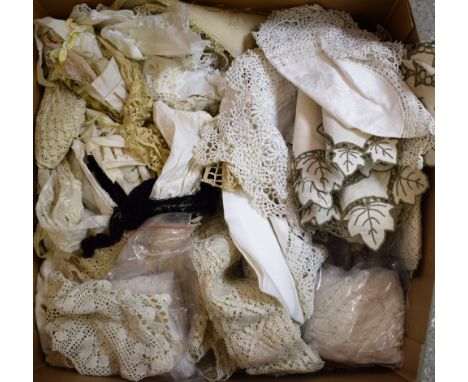 Textiles - a quantity of vintage lace panels, trims, embroidered textiles; etc.
