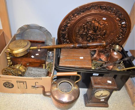 Boxes and Objects - a Victorian brass mounted walnut workbox; brass and copper including kettle, bed pan, ejector candlestick