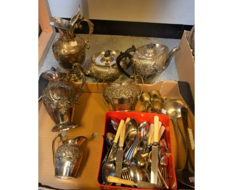 A Victorian silver plated four piece boat shaped tea service, Walker & Hall, c.1880; two similar late Victorian silver plated