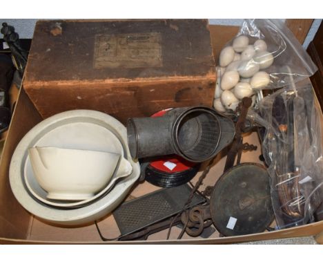 Kitchenalia - a 1930s cream maker, 'Blue Cow Nucreem', boxed; Salter's Spring Balance scales; Edwardian horn hafted flatware;