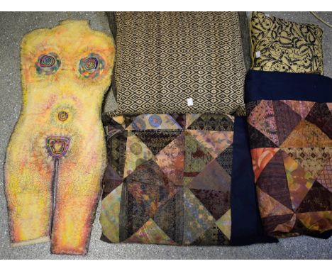 Contemporary Textiles - an openwork woven wall hanging; a double bed size patchwork throw, Balinese fabrics; another similar;