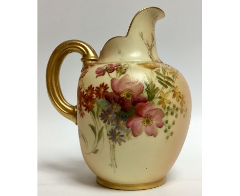 A Royal Worcester flatback jug, decorated with flowers on a blush ivory ground, gilt ribbed loop handle, 16cm high, printed c