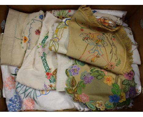 Textiles - embroidered tablecloths, including Cottage Garden Flowers, Crinoline Lady; etc.