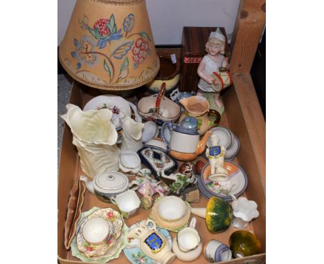 Ceramics - a pair of Royal Worcester white jugs; Devon vase; lamp; pin doll, bisque piano girl, etc