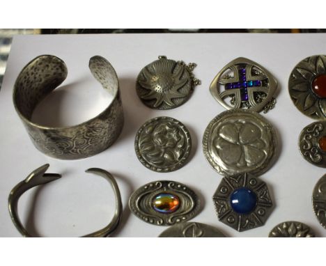 Costume Jewellery - a Celtic style pewter embossed cuff bangle, unmarked;  another undulating;  Thistle pendant necklace;  an