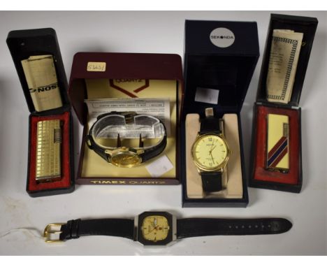 A Ricoh gentleman's wristwatch, automatic; a Timex gentleman's quartz wristwatch, boxed; a Sekonda gentleman's watch; two box