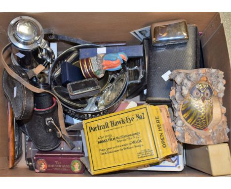 Boxes and Objects - a pair of USSR binoculars; Kodak Portrait Hawk-Eye No2; cribbage board; Hohner harmonica, boxed; snuff bo