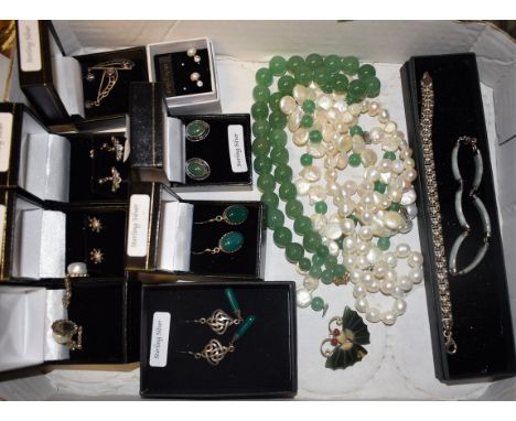 Costume Jewellery - a pair of green stone and silver Celtic knot drop earrings;  others oval, Mackintosh Rose, etc,  bracelet