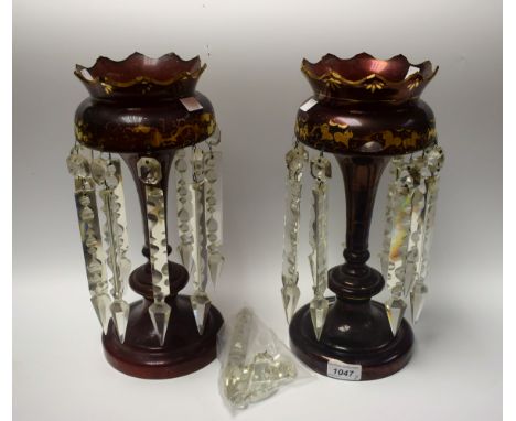 A pair of Victorian ruby glass lustres, gilt decoration (2)