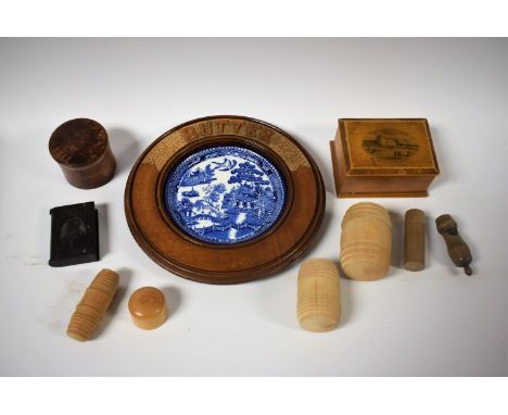 Treen - a 19th century carved and stained wooden butter dish, Willow pattern ceramic centre;  a Mauchline ware box, The Fort 
