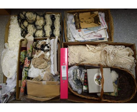 Textiles - lace, vintage fabric, haberdashery, two baskets, draw string bags, tapestries, transfers, vintage knitting pattern