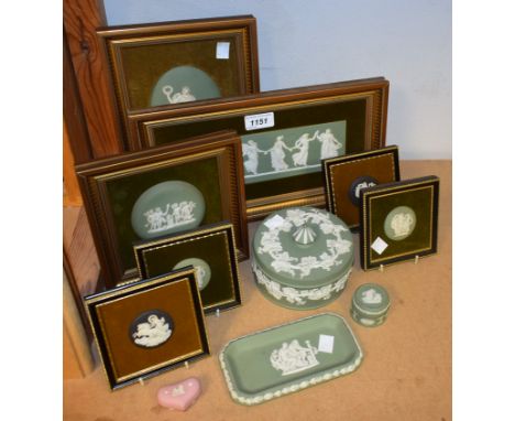 Wedgwood - a green Jasperware rectangular plaque, Dancing Hour, framed; others similar, assorted sizes; a powder pot; trinket
