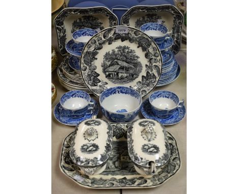 A Copeland Spode monochrome transfer printed part dinner service, Duncan, Scenes Showing English Country Life, including a pa