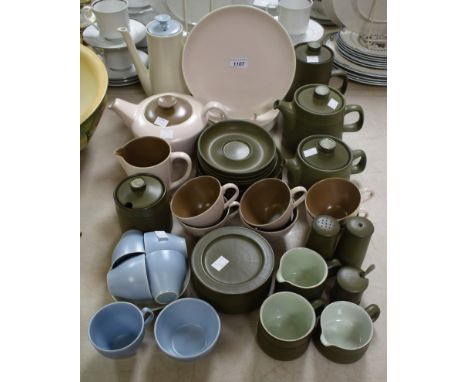 Ceramics - Poole Twintone tea ware including coffee pot, tea pot, side plates, cups and saucers, etc; Denby Green Chevron tab