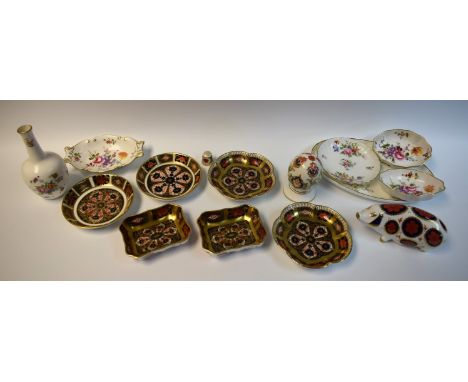 Ceramics - a pair of Royal Crown Derby 1128 pattern shaped rectangular trinket dishes; others circular, etc.; pig paperweight