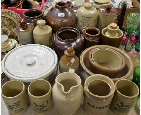 Kitchenalia - 19th century and later stoneware storage jars, cooking vessels, etc; a Doulton stoneware footwarmer, transfer p