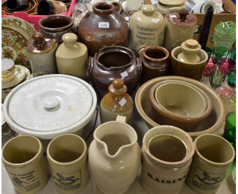 Kitchenalia - 19th century and later stoneware storage jars, cooking vessels, etc; a Doulton stoneware footwarmer, transfer p