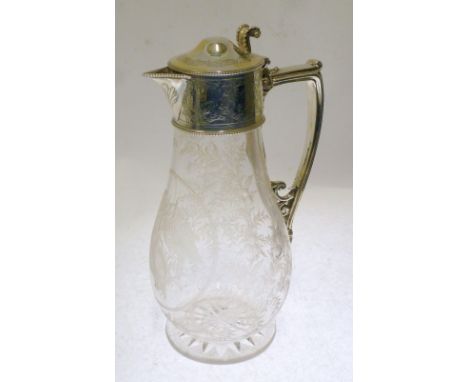 VICTORIAN SILVER MOUNTED GLASS CLARET JUG, SHEFFIELD 1879, the pear-shape body finely wheel engraved with festoons of floriat