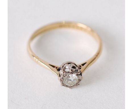 SOLITAIRE DIAMOND RING, illusion set, 0.25ct approx. plain 18ct gold band, size M ½, 2g