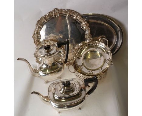 FOUR PIECE GEORGIAN STYLE ELECTROPLATED TEA AND COFFEE SERVICE, TWO ELECTROPLATED TRAYS, SMALL SALVER AND A SMALL QUANTITY OF