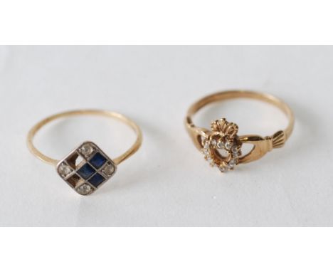 9CT GOLD WHITE STONE SET CLADDAGH RING, size M ½, 2.2g AND A WHITE AND BLUE PASTE SET RING (some losses), 1.4g (2)