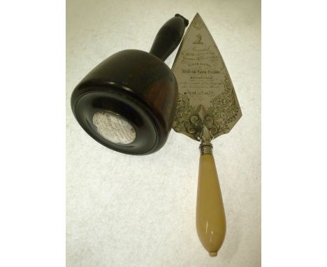 A VICTORIAN SILVER IVORY HANDLED CEREMONIAL TROWEL, inscribed 'Presented by the Trustees of the Wesleyan Chapel and School Hi