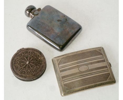 SILVER PLATED HIP FLASK, with hinged lid, AN ENGINE TURNED SILVER PLATED CIGARETTE CASE AND A FILIGREE SILVER METAL COMPACT (