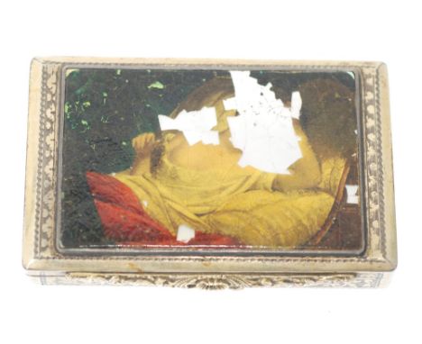 FORMER AUSTRO-HUNGARIAN EMPIRE SILVER OBLONG BOX, the hinged lid inset with a mother o' pearl panel with panted decoration (t