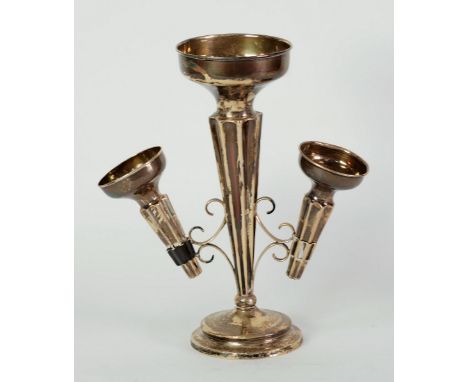 SILVER FLOWER EPERGNE, central fixed trumpet vase with fluted body, with two scroll branches each supporting a smaller trumpe