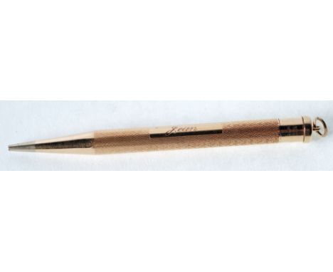 9CT GOLD ENGINE TURNED LADY YARD O LETTER PROPELLING PENCIL, engraved 'Jean', with bail, London 1951, 19g gross