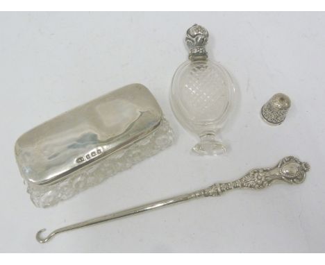 EDWARDIAN STEEL BUTTON HOOK, with embossed silver handle, Birmingham 1905, an EDWARDIAN CUT GLASS OBLONG PIN with plain silve