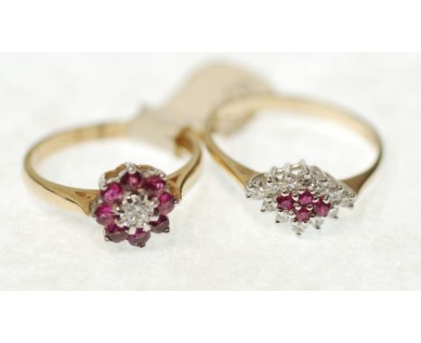 A 9ct GOLD CLUSTER RING, the tiny central diamond within a surround of eight ruby coloured stones, 2.2 gms gross, and ANOTHER