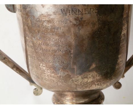 LARGE SILVER TWO HANDLED TROPHY CUP, with angular handles and domed foot, "Crumpsall park (Gents) Bowling Club", Sheffield 19