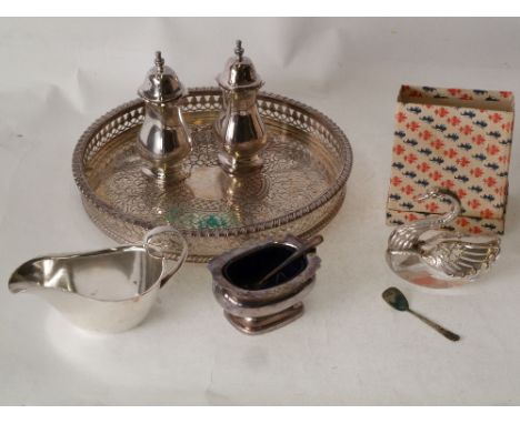 THREE PIECE ELECTROPLATED CONDIMENT SET, SMALL ELECTROPLATED SAUCE BOAT, A CHASED GALLERY CIRCULAR SALVER AND A SILVER METAL 