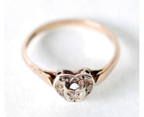 DIAMOND SET 9CT GOLD RING, heart shaped top illusion set with three single cut diamonds, size O, Sheffield 1975, 1.7g