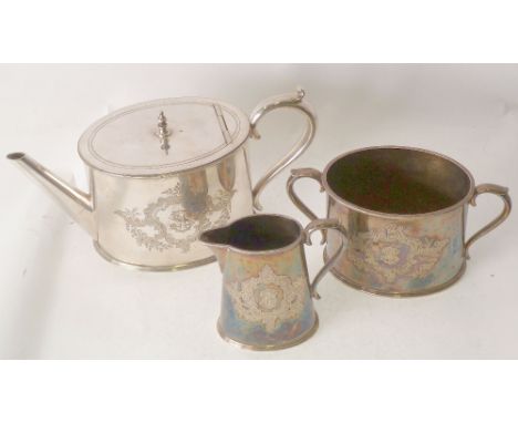 ELKINGTON AND CO., THREE PIECE ELECTROPLATED PRESENTATION TEASET, of oval form with scroll handle and flat cover, engraved wi