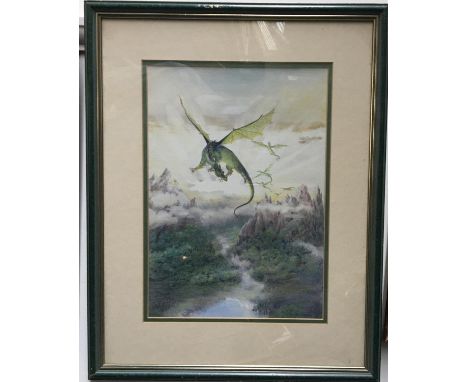 Fantasy art, Heather M. Donnai, 'Dragon Flight', watercolour, bears label on reverse for Oldwhych Gallery Kennelworth, 35x24c