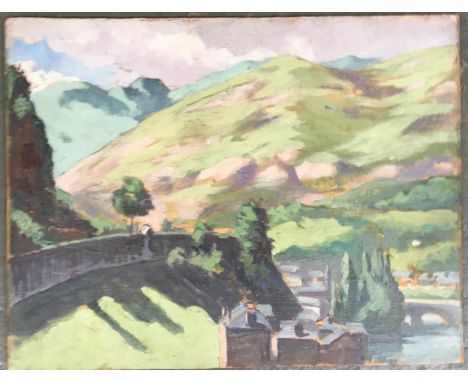 Paul Mery, 20th century French school, 'Lourdes', oil on board, title date and initials P M to the reverse, 27x35