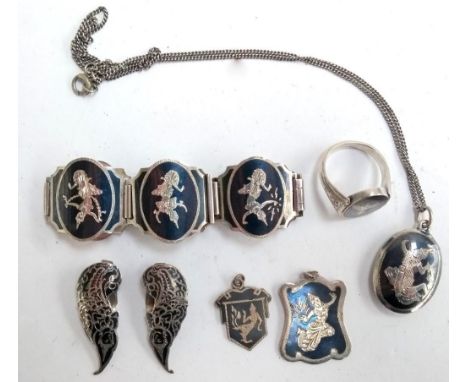 Vintage Siam silver Niello jewellery, three pendants (one with chain), pair of clip earrings, a ring with a reversible centre